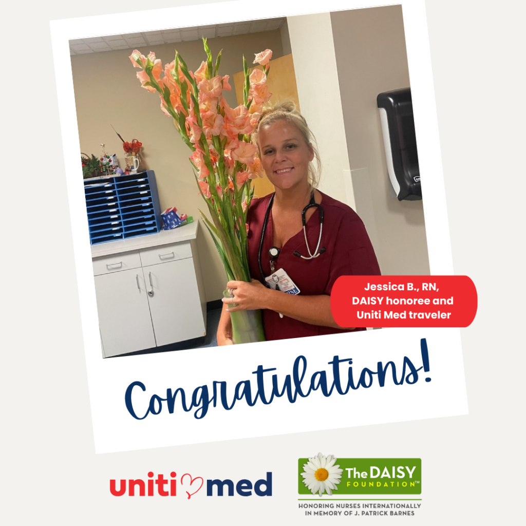 Jessica, Uniti Med's Inaugural DAISY Award Winner, holding a vibrant bouquet of flowers, symbolizing appreciation for her exceptional contributions to nursing and compassionate care.